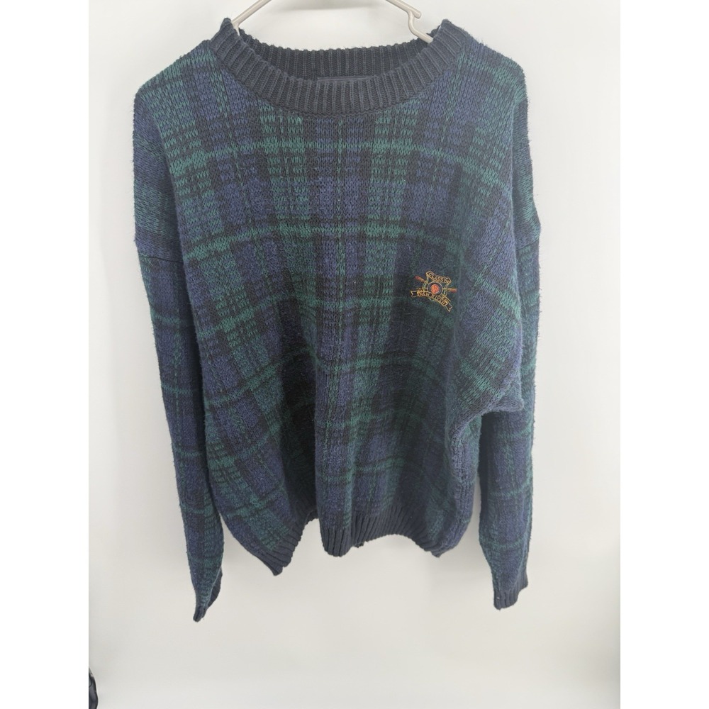 New River Co J Riggins Plaid Knit Sweater Mens Large Blue Green Gorpcore
